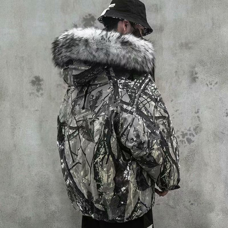 Big Fur Collar Camouflage Mountain Carving Cotton Jacket Cotton Coat