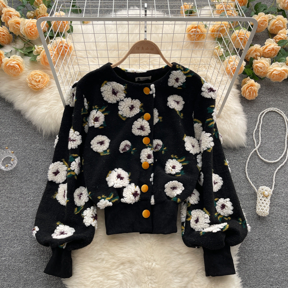 Retro Three-dimensional Flower Temperament Slim Single-breasted Cardigan Short Jacket Jumper Women