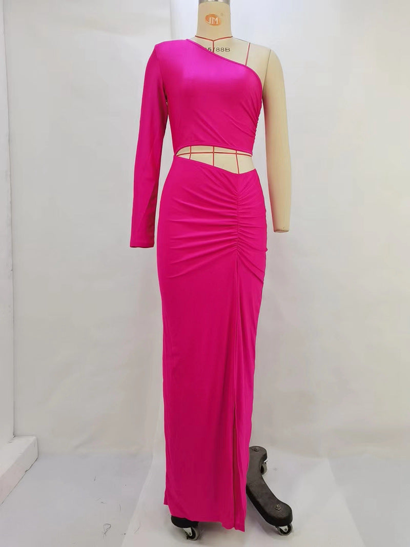 Oblique Shoulder Pleated Midriff Outfit Split Dress