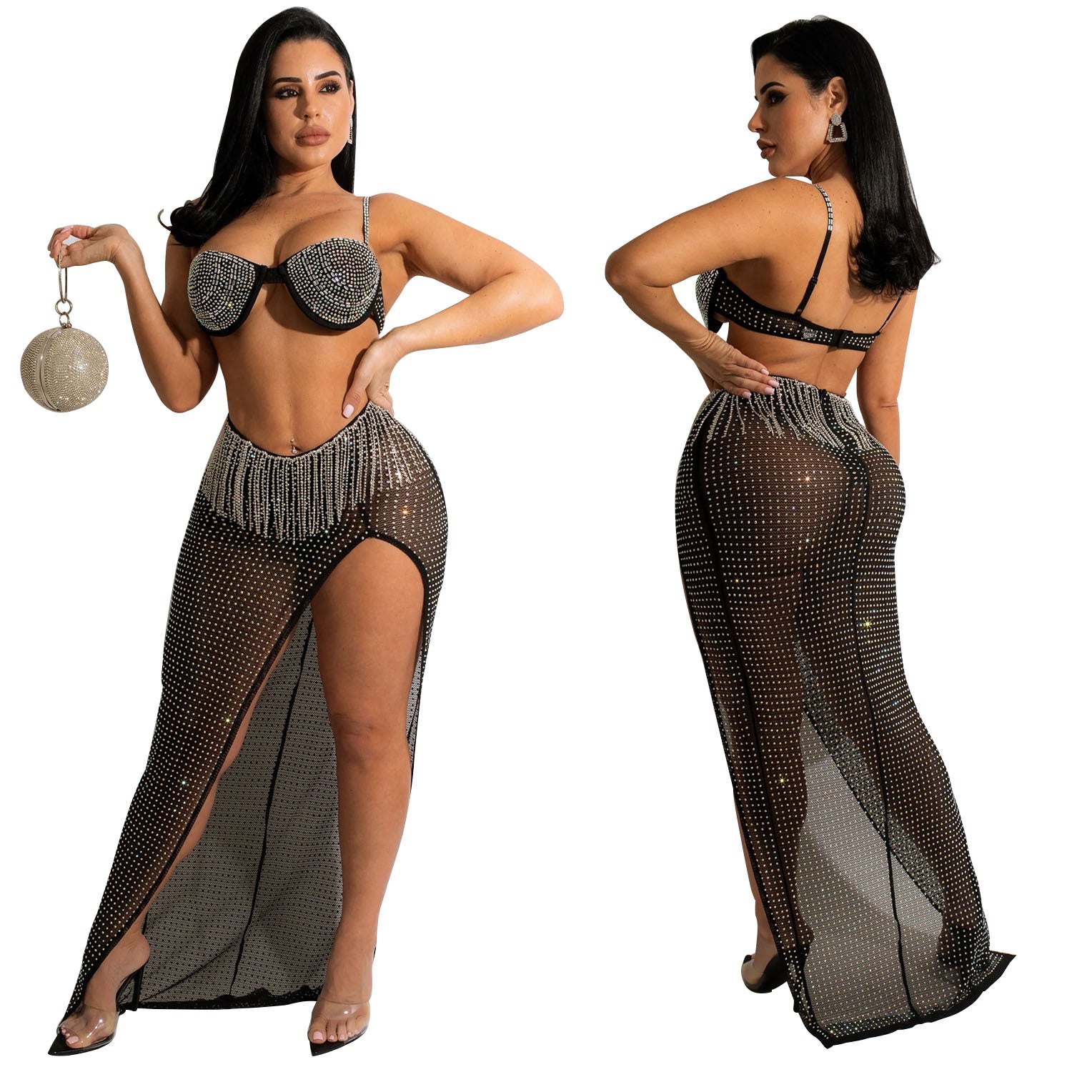Women's Mesh Rhinestone Tassel Dress