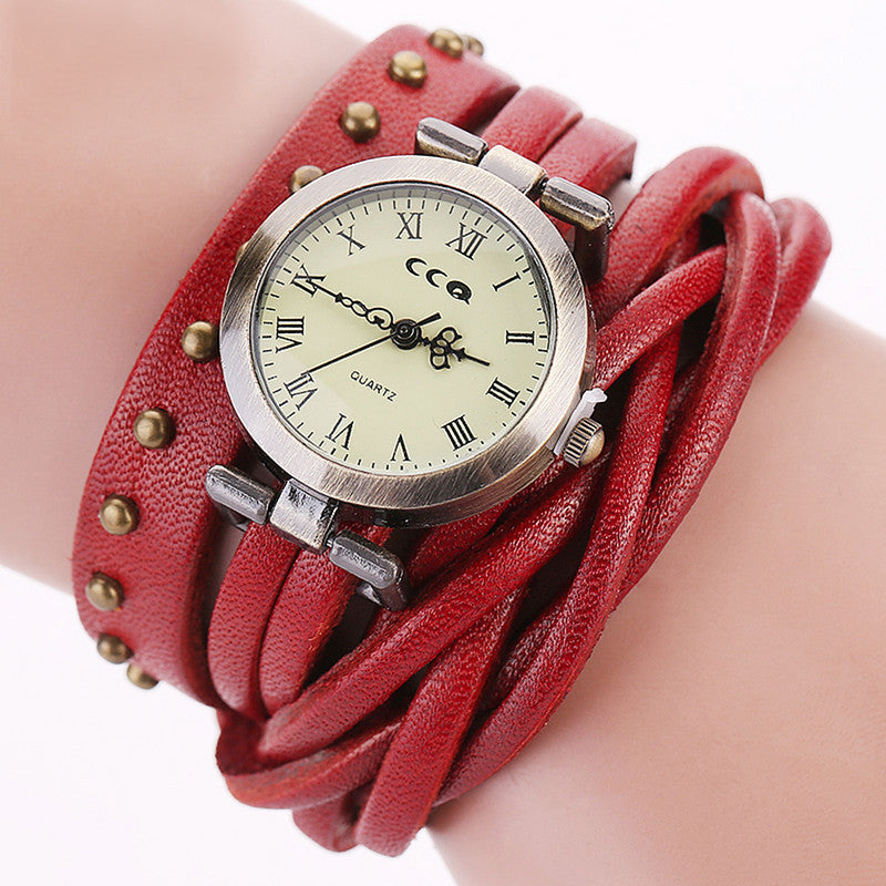 Cowhide Dough-twist Style Plaits Retro Rivet Wrist Watch