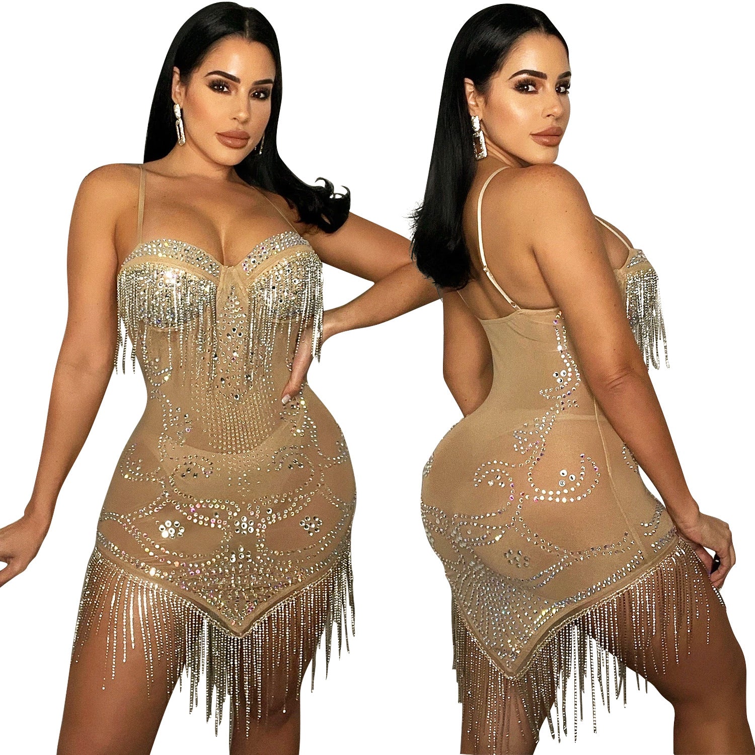 Mesh Hot Drill Sling Fringed Dress