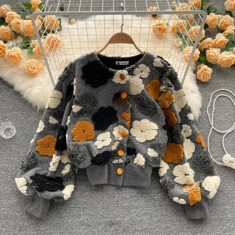 Retro Three-dimensional Flower Temperament Slim Single-breasted Cardigan Short Jacket Jumper Women