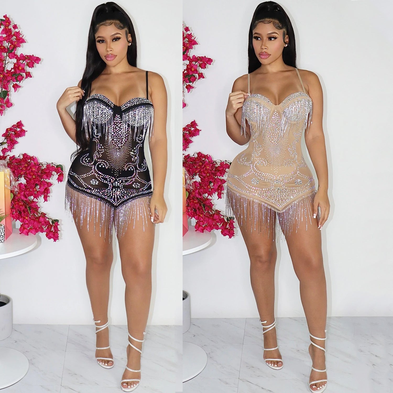 Mesh Hot Drill Sling Fringed Dress