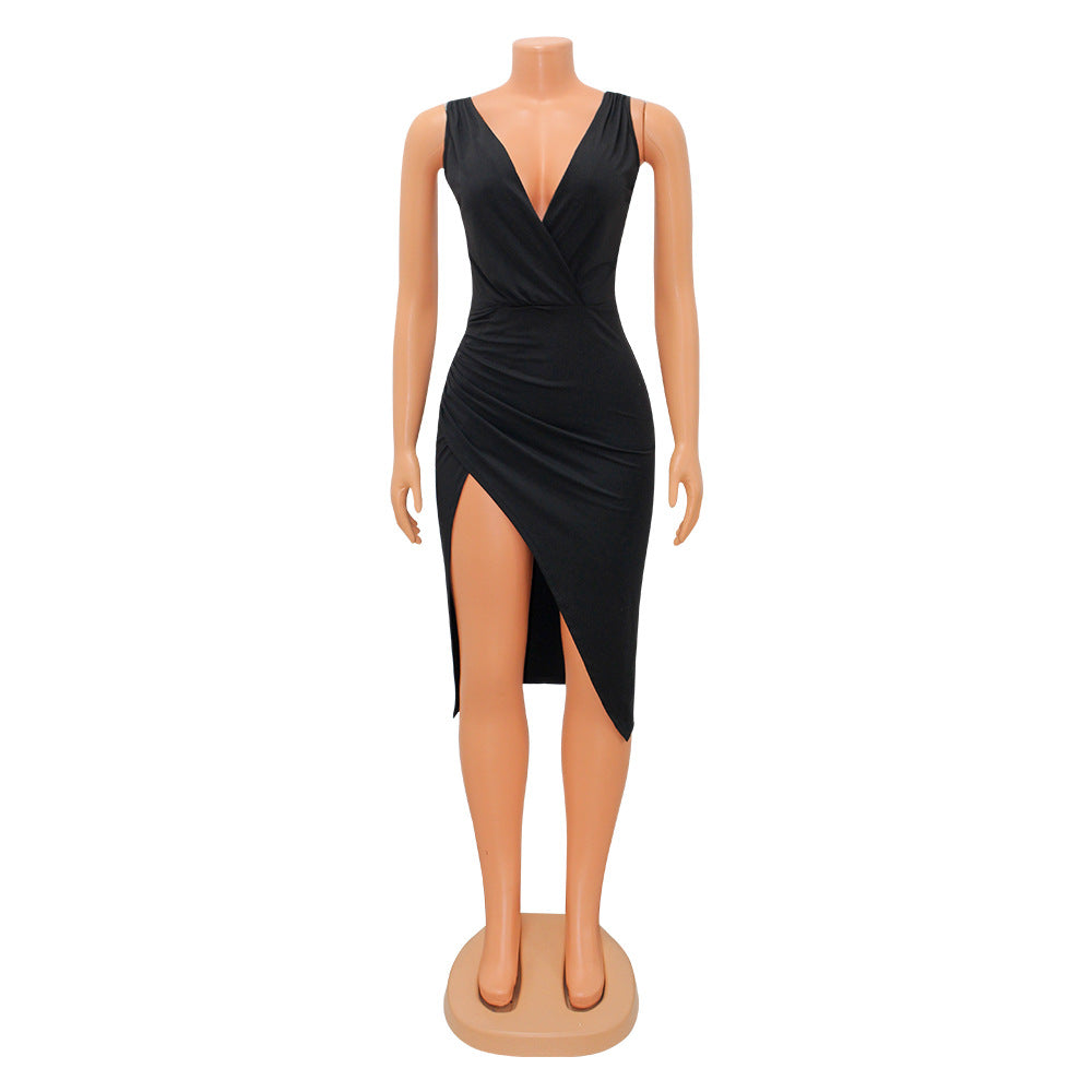 Black Irregular Mid-length Split Dress