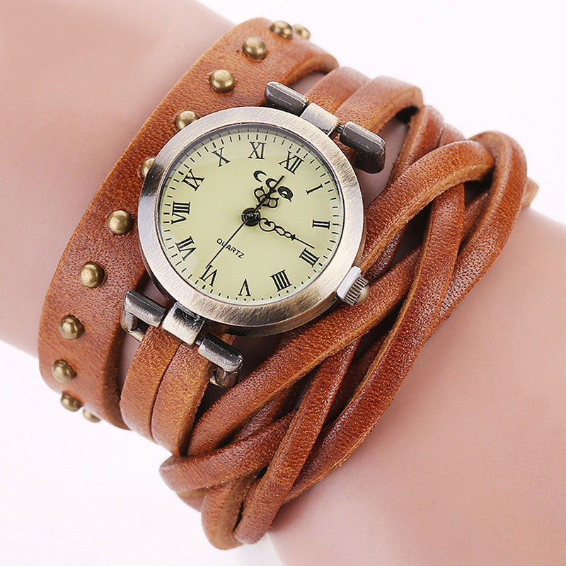 Cowhide Dough-twist Style Plaits Retro Rivet Wrist Watch