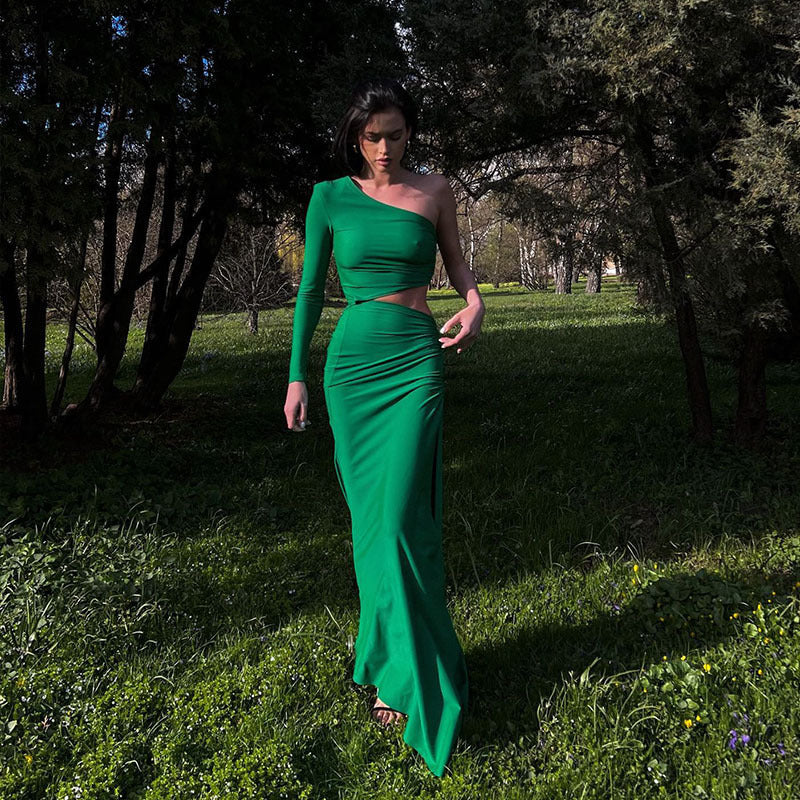 Oblique Shoulder Pleated Midriff Outfit Split Dress