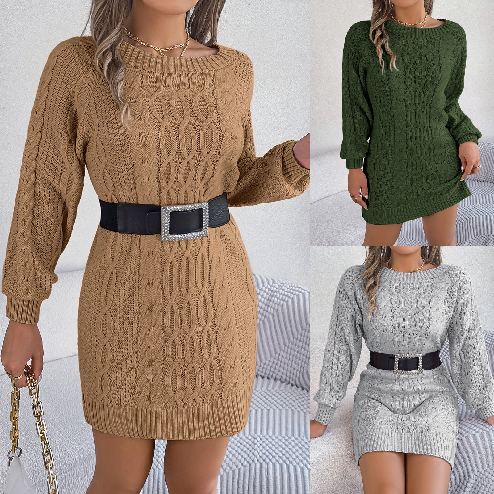 Twist Lantern Sleeve Straight Woolen Skirt Dress