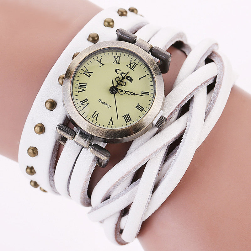 Cowhide Dough-twist Style Plaits Retro Rivet Wrist Watch