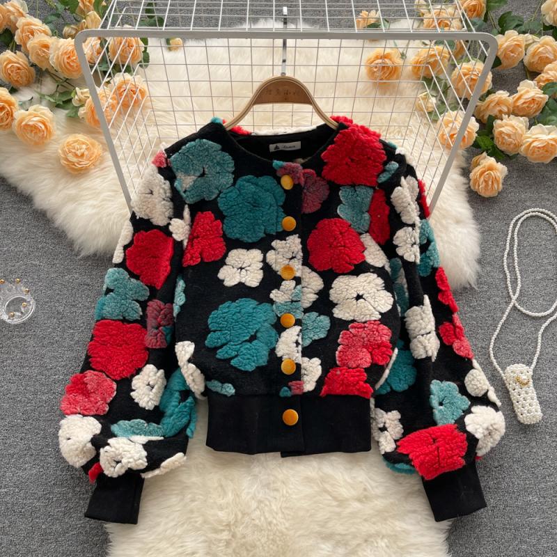 Retro Three-dimensional Flower Temperament Slim Single-breasted Cardigan Short Jacket Jumper Women