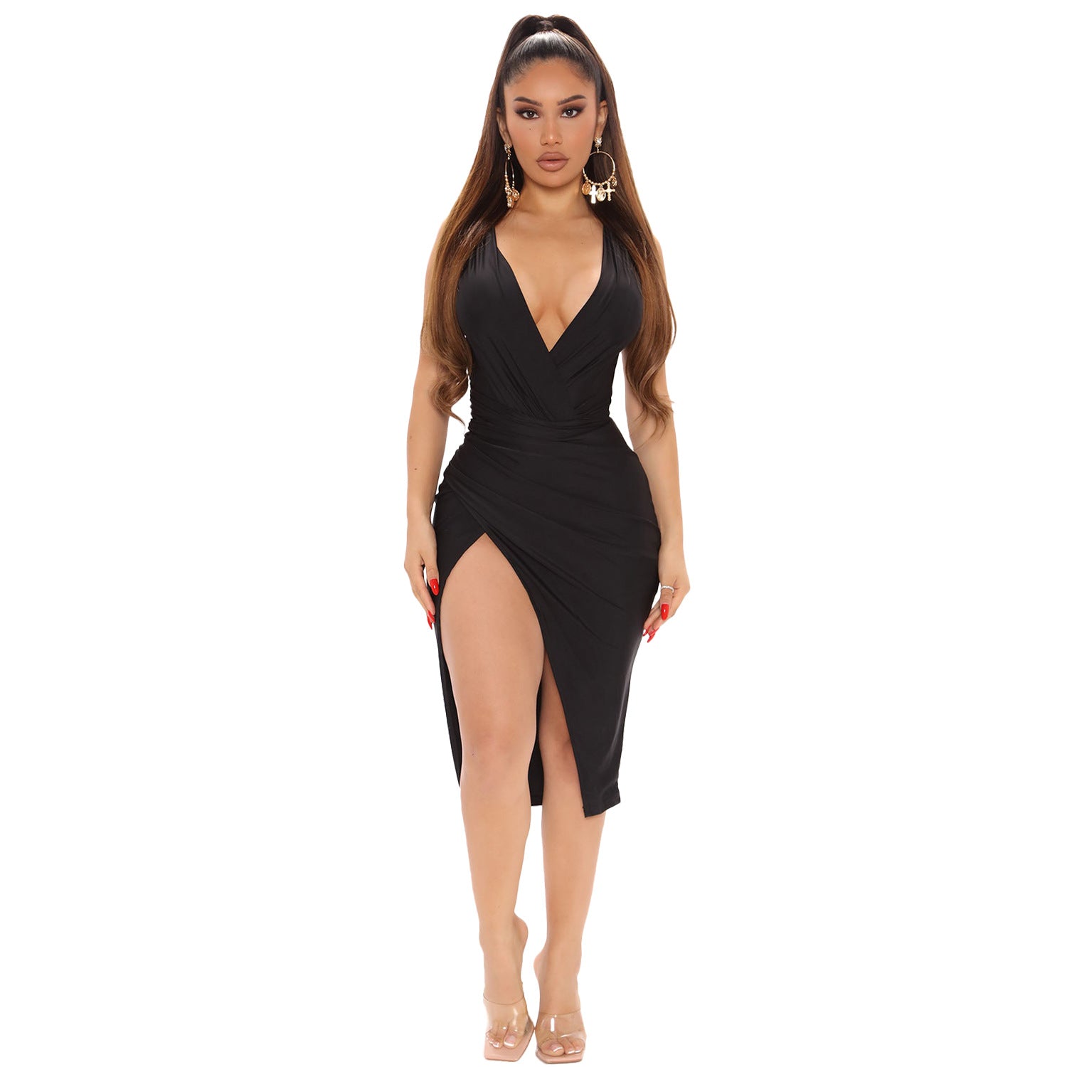 Black Irregular Mid-length Split Dress