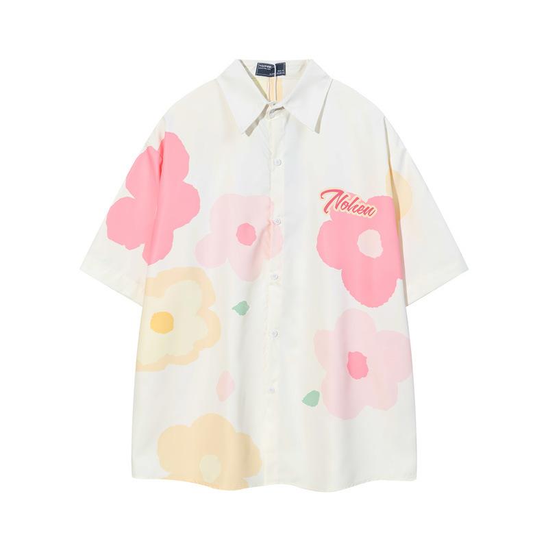 Vertical Line Trade Japanese Style Leisure College Style Flower Couples Short-sleeved Shirt For Men And Women Loose Campus Graffiti Style Short-sleeved Shirt