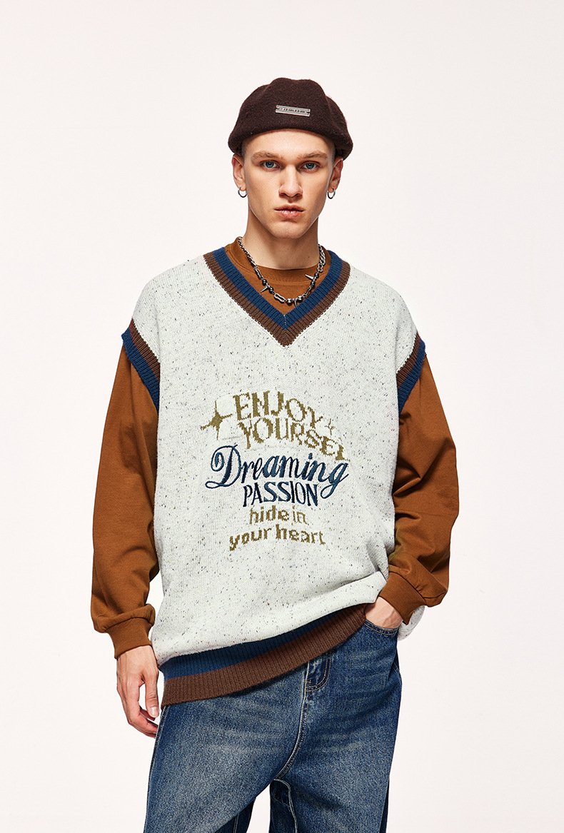 2023 Autumn And Winter New Retro Trendy Brand Color Yarn Sweater Pullover Loose Vest Sweater Knitted Sweater
