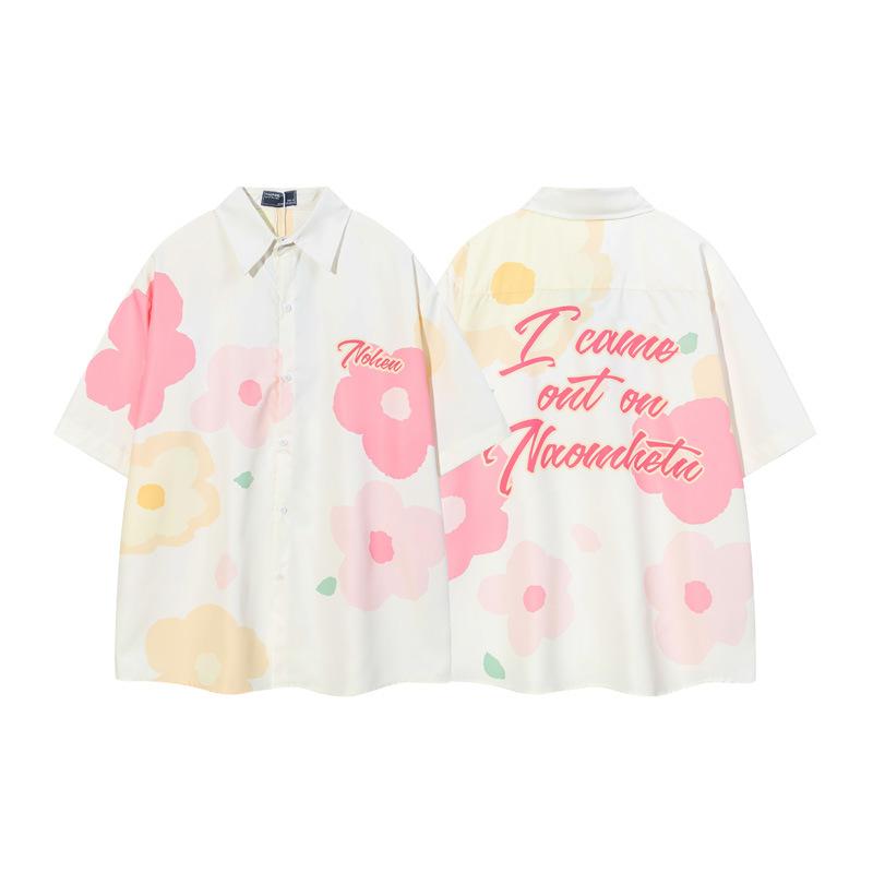 Vertical Line Trade Japanese Style Leisure College Style Flower Couples Short-sleeved Shirt For Men And Women Loose Campus Graffiti Style Short-sleeved Shirt