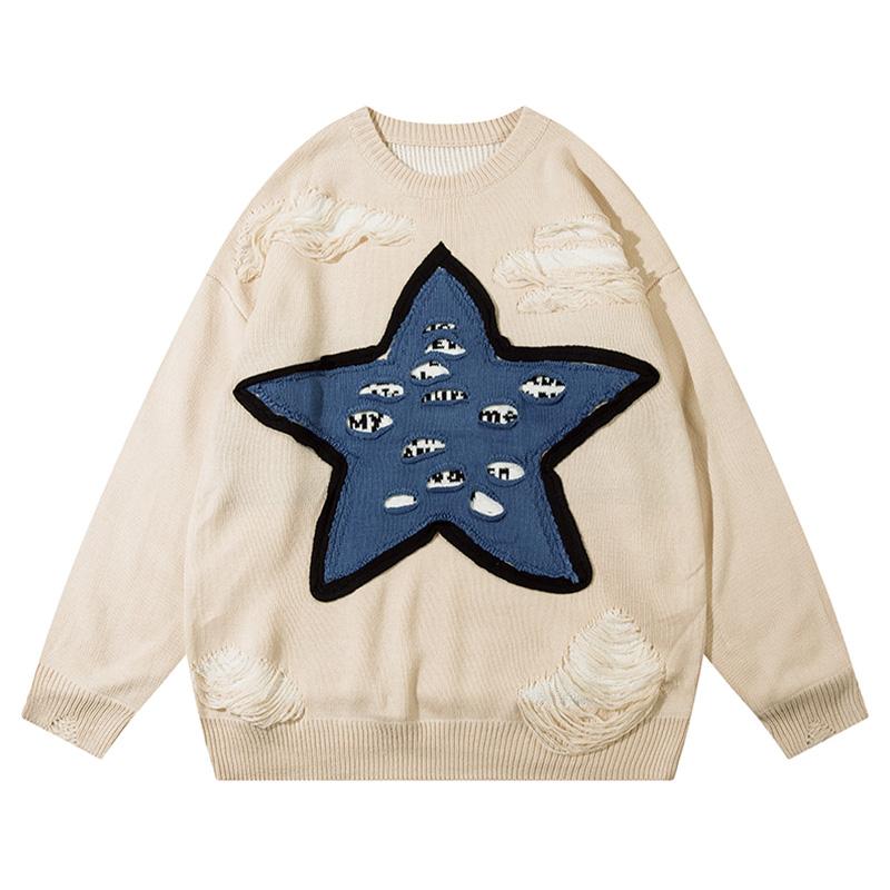 Ripped Star Sweater Autumn Loose Knitted Jumper Winter Fashion Streetwear Trendy Pullover Warm Casual