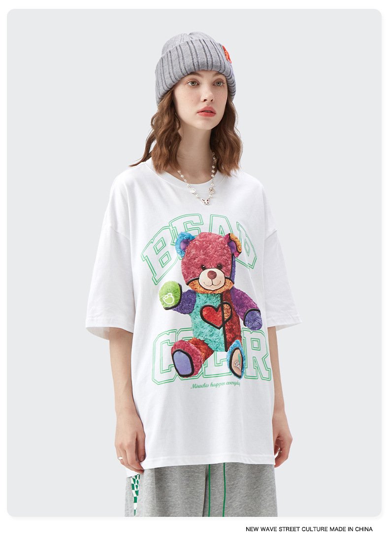 Live Supply 2022 Summer New Rainbow Plush Bear Loose Short-sleeved T-shirt Men's Couple Dress