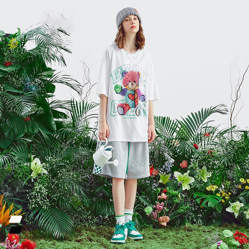 Live Supply 2022 Summer New Rainbow Plush Bear Loose Short-sleeved T-shirt Men's Couple Dress