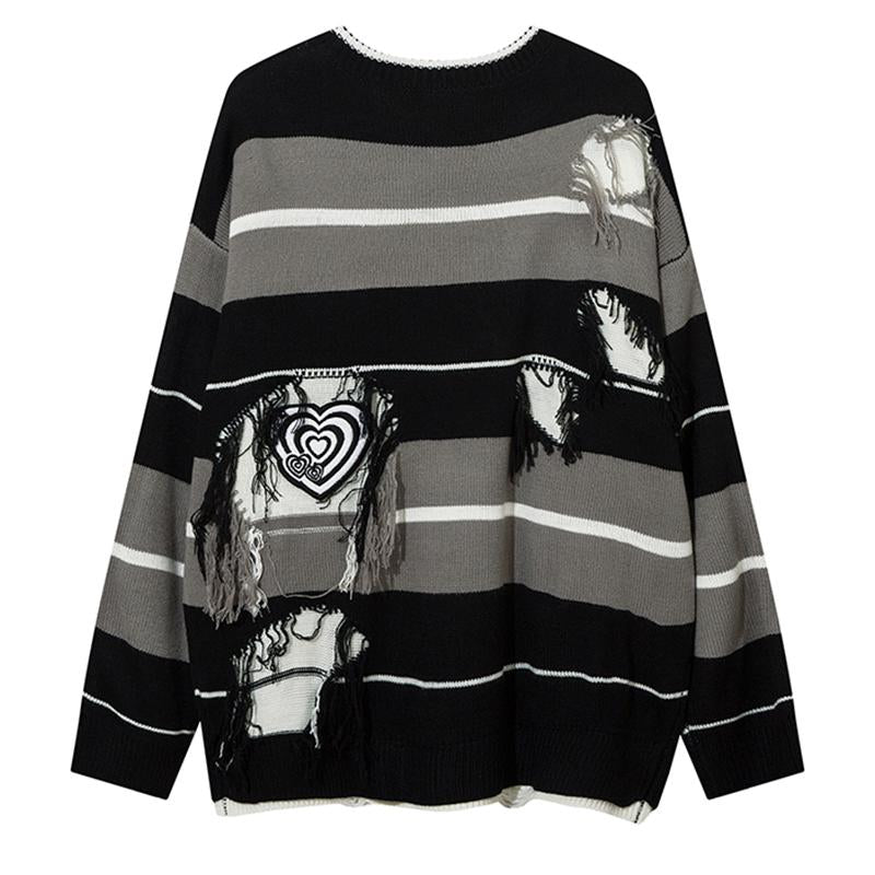 Striped Heart Sweater Loose Pullover Fashion Streetwear Long Sleeve Winter Hip Hop Autumn Round Neck Harajuku