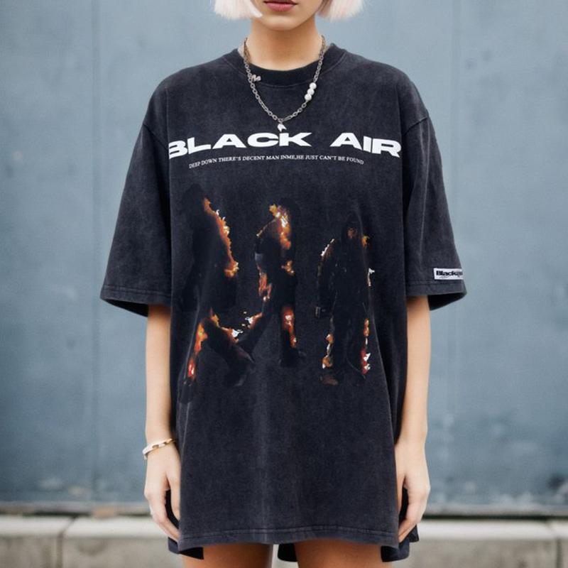 Flame Printed Short Sleeve T Shirt Washed Vintage Streetwear Burning Man Graphic Print Harajuku Fashion Summer Casual