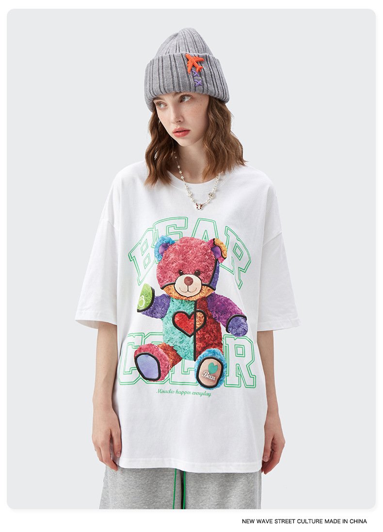 Live Supply 2022 Summer New Rainbow Plush Bear Loose Short-sleeved T-shirt Men's Couple Dress