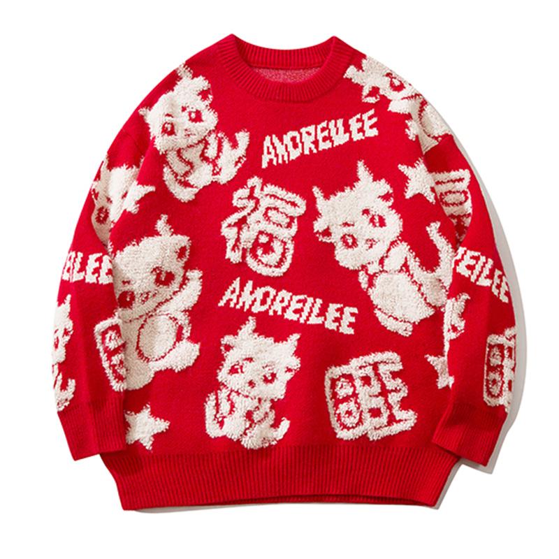 Cartoon Dragon Round Neck Sweater Tops Autumn Loose Pullover Fashion Winter High Quality Casual