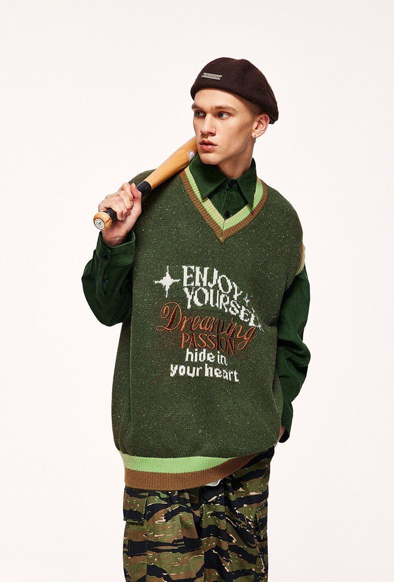2023 Autumn And Winter New Retro Trendy Brand Color Yarn Sweater Pullover Loose Vest Sweater Knitted Sweater