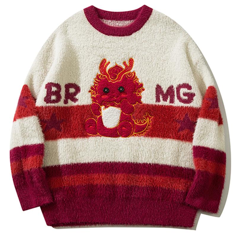 Cartoon Dragon Sweater Loose O-Neck Pullover Winter Long Sleeves Casual Fashion Warm Autumn