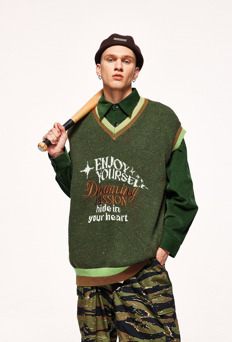 2023 Autumn And Winter New Retro Trendy Brand Color Yarn Sweater Pullover Loose Vest Sweater Knitted Sweater