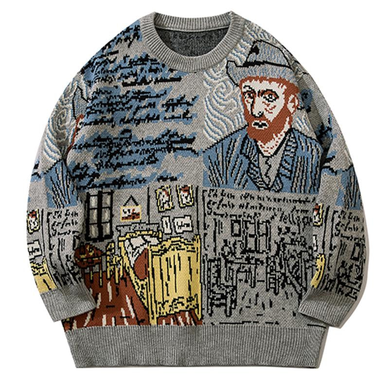 Graffiti Van Gogh Print Sweater Loose All-Match Pullover Winter Tops Lapel Knit Autumn Fashion