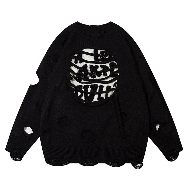 Letter Ripped Hole Sweater Solid Color Autumn Fashion Streetwear Pullover Winter Casual Long Sleeve Loose