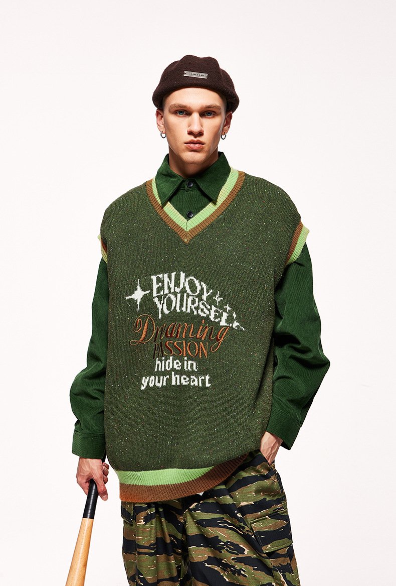 2023 Autumn And Winter New Retro Trendy Brand Color Yarn Sweater Pullover Loose Vest Sweater Knitted Sweater