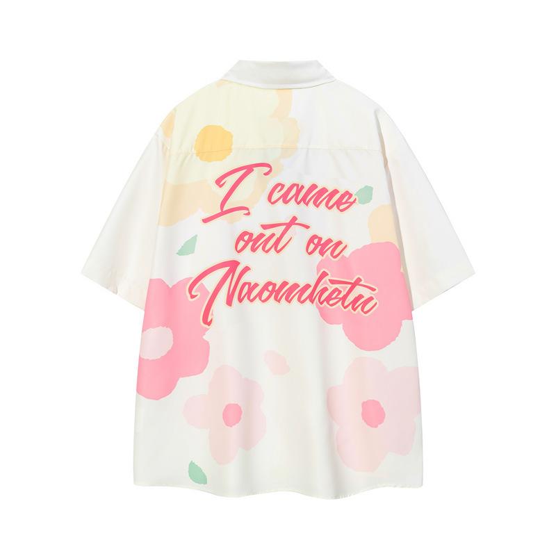Vertical Line Trade Japanese Style Leisure College Style Flower Couples Short-sleeved Shirt For Men And Women Loose Campus Graffiti Style Short-sleeved Shirt