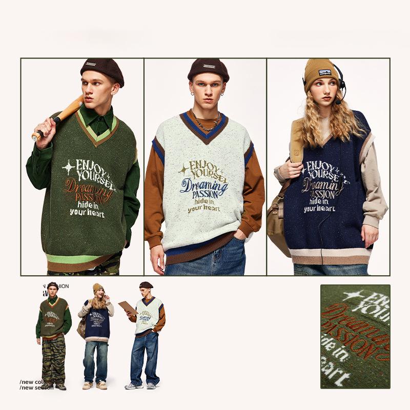 2023 Autumn And Winter New Retro Trendy Brand Color Yarn Sweater Pullover Loose Vest Sweater Knitted Sweater