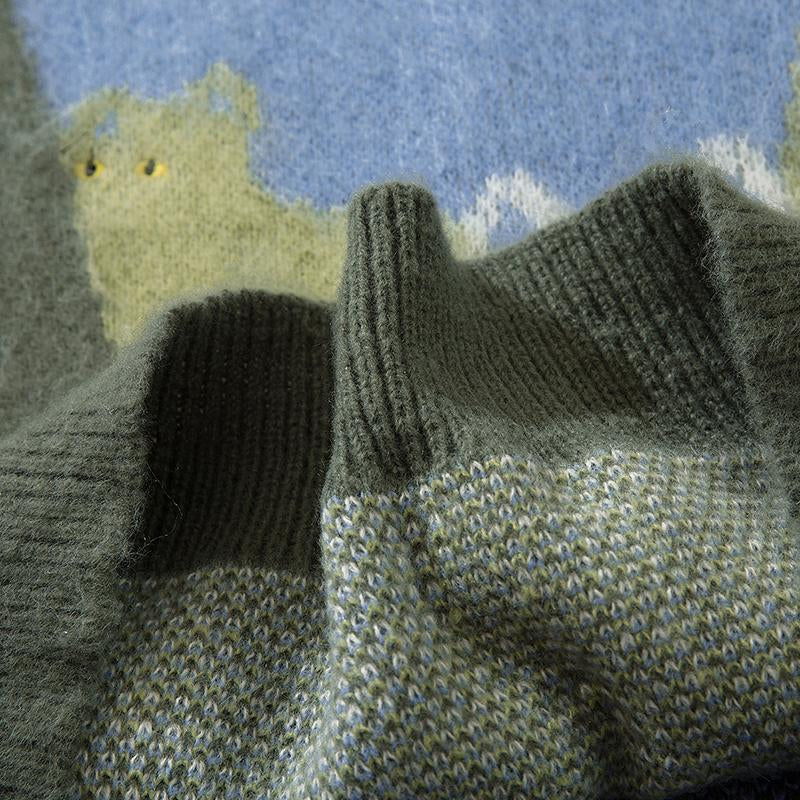 Funny Knitted Cat Embroidery Sweater Autumn Fashion Loose All-Match Pullover Winter Long Sleeve Tops