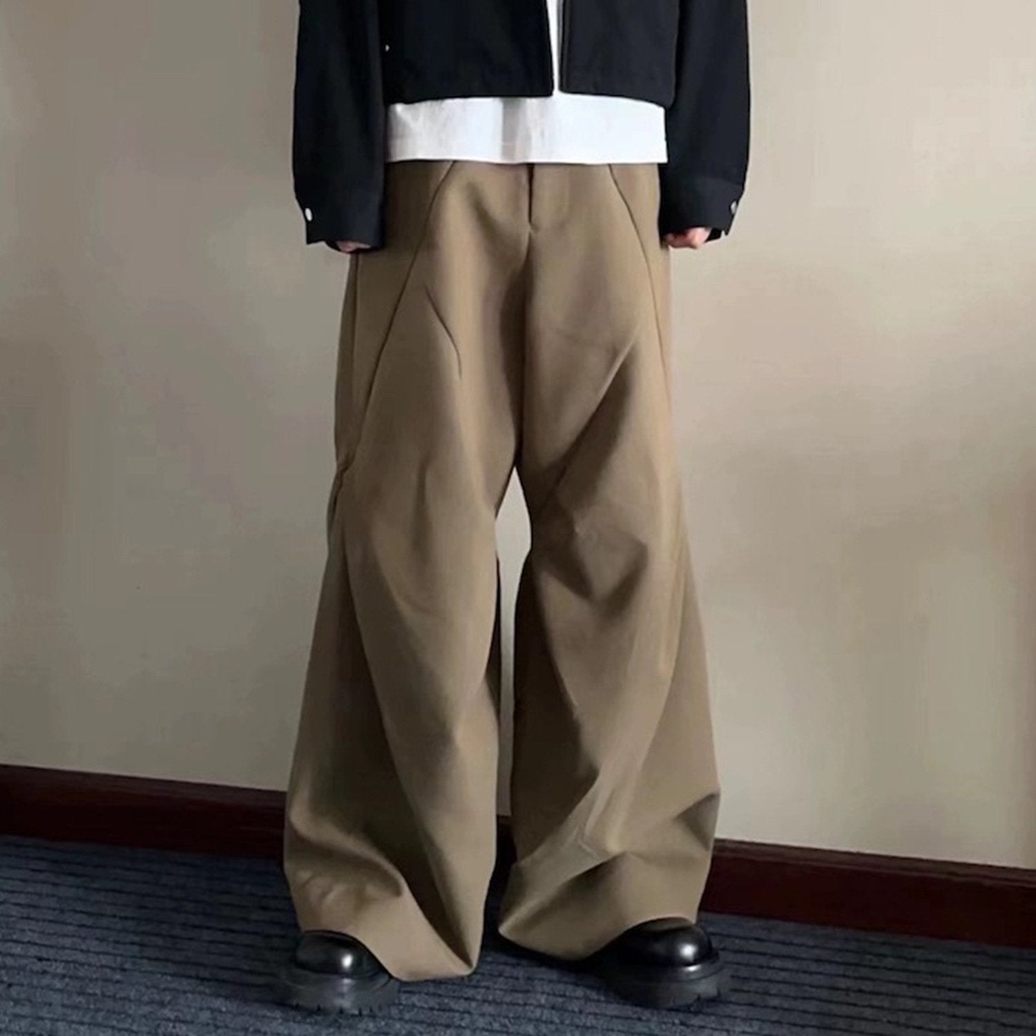 Men's And Women's Knee Double Pleated Diamond Cut-off Trousers Unisex Wide-Barrel High Street Unisex Wide-Leg Trendy Pants