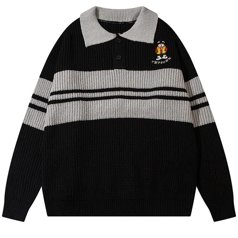 Retro Contrast Color Sweater Lapel Knit Men and Women Autumn Loose All-Match Pullover