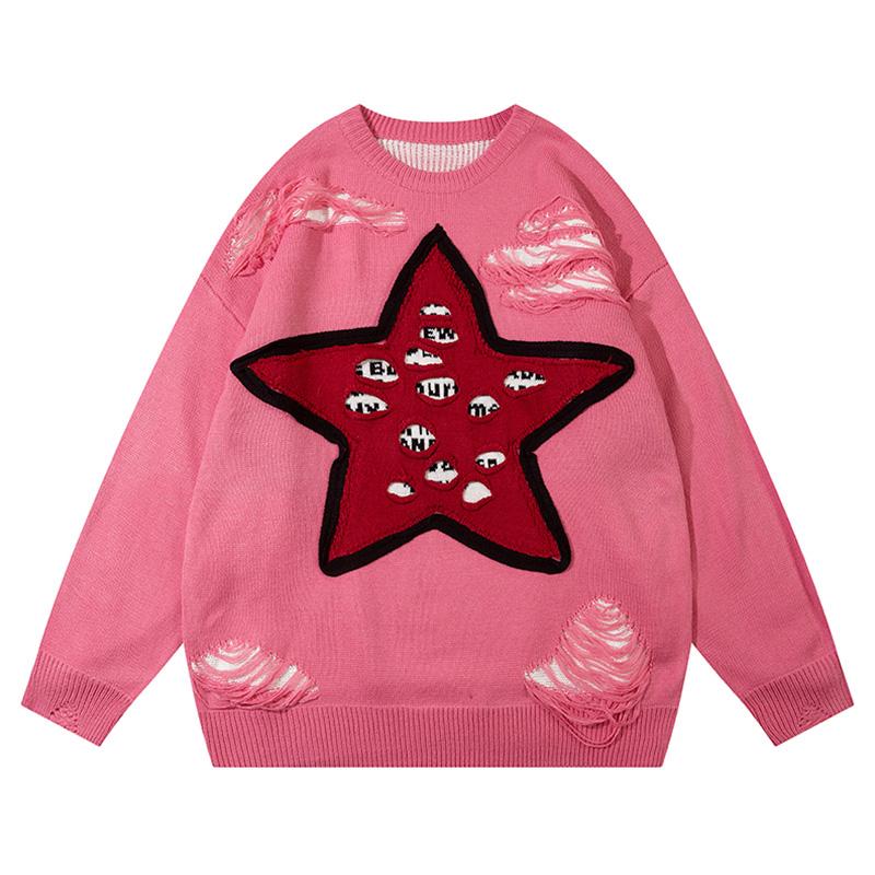 Ripped Star Sweater Autumn Loose Knitted Jumper Winter Fashion Streetwear Trendy Pullover Warm Casual