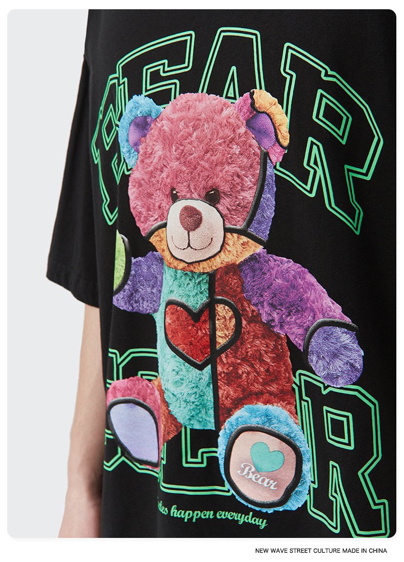 Live Supply 2022 Summer New Rainbow Plush Bear Loose Short-sleeved T-shirt Men's Couple Dress