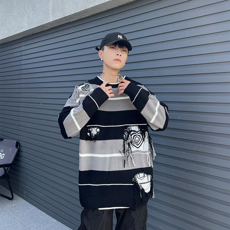 Striped Heart Sweater Loose Pullover Fashion Streetwear Long Sleeve Winter Hip Hop Autumn Round Neck Harajuku