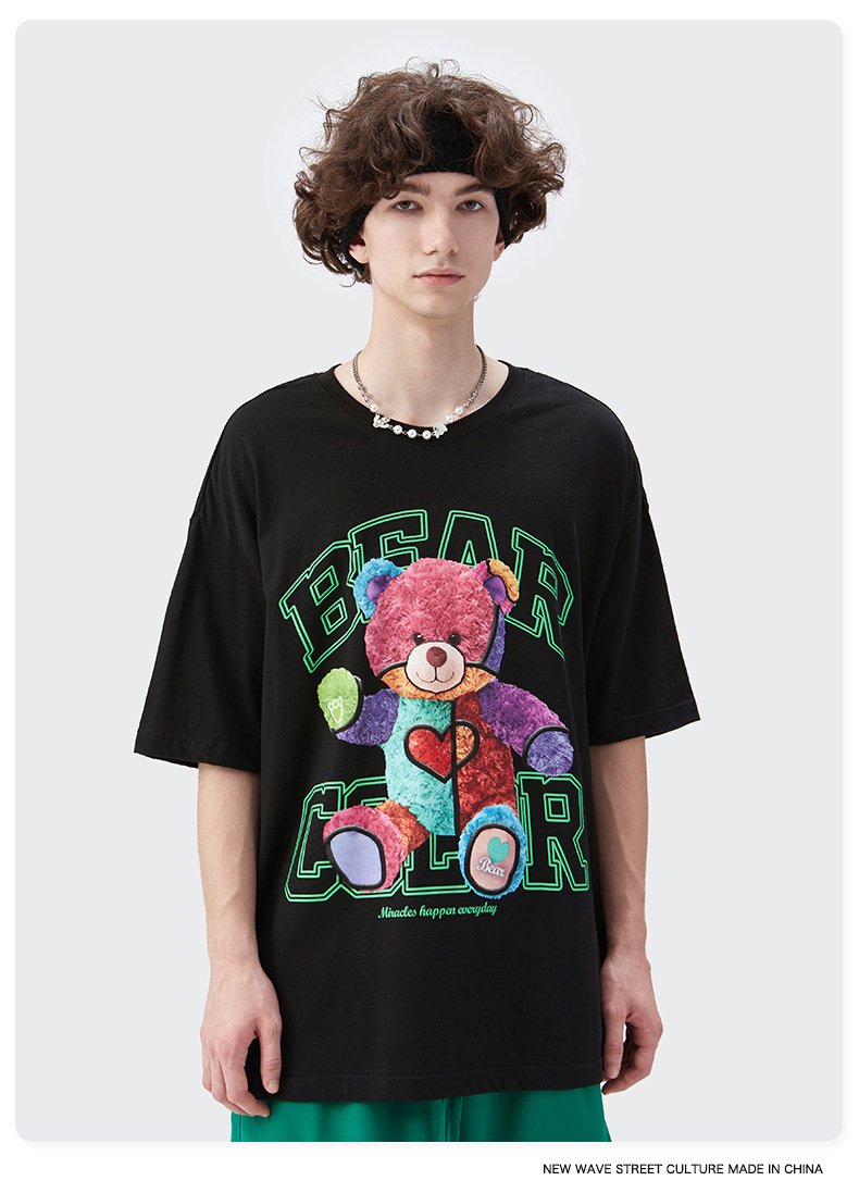 Live Supply 2022 Summer New Rainbow Plush Bear Loose Short-sleeved T-shirt Men's Couple Dress