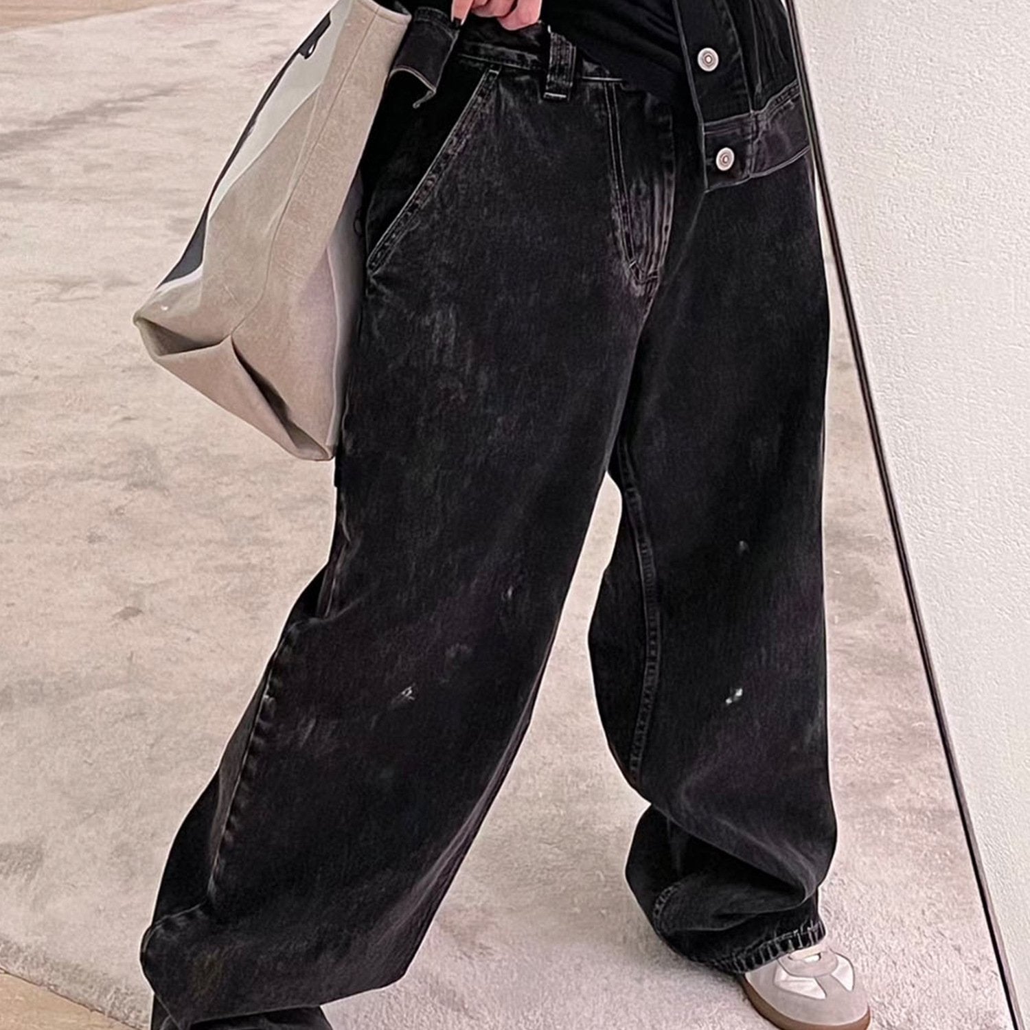 Men's And Women's Hip-hop Splash Ink Graffiti Wide-leg Straight Pants Men's And Women's Washed Old Black Jeans