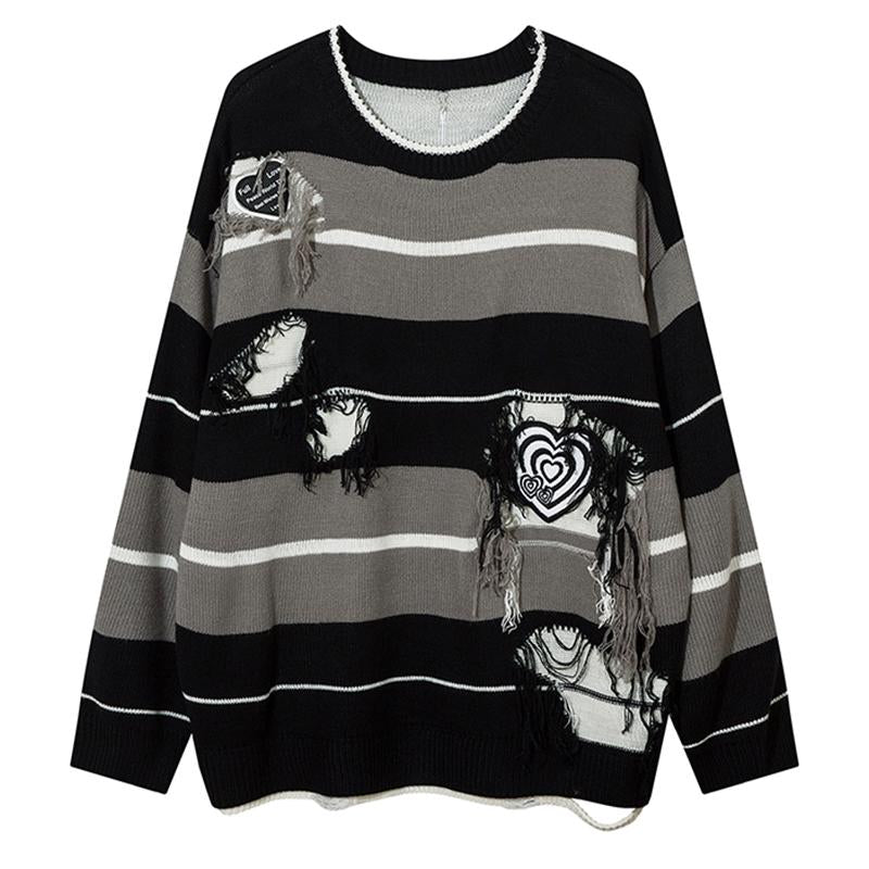Striped Heart Sweater Loose Pullover Fashion Streetwear Long Sleeve Winter Hip Hop Autumn Round Neck Harajuku