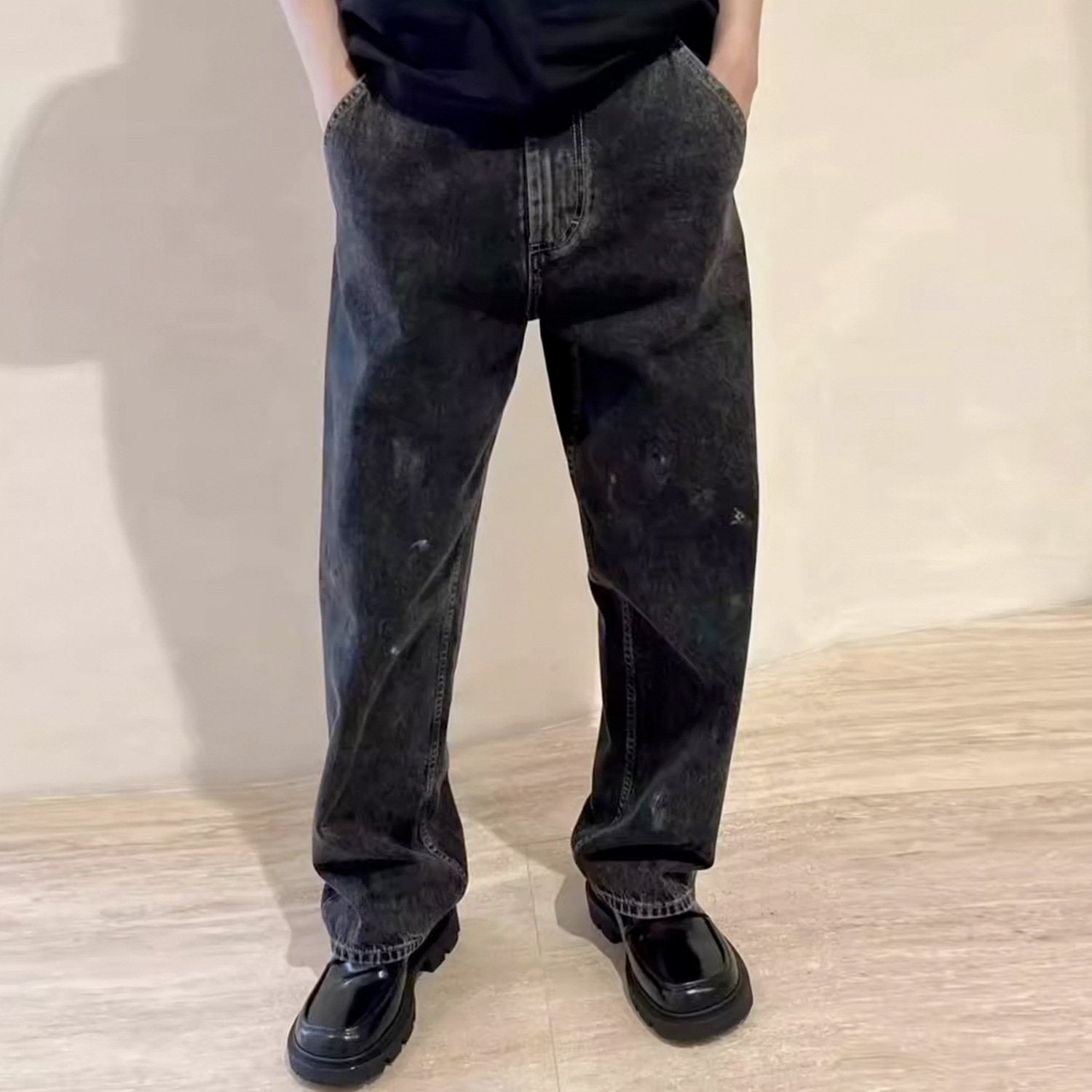 Men's And Women's Hip-hop Splash Ink Graffiti Wide-leg Straight Pants Men's And Women's Washed Old Black Jeans