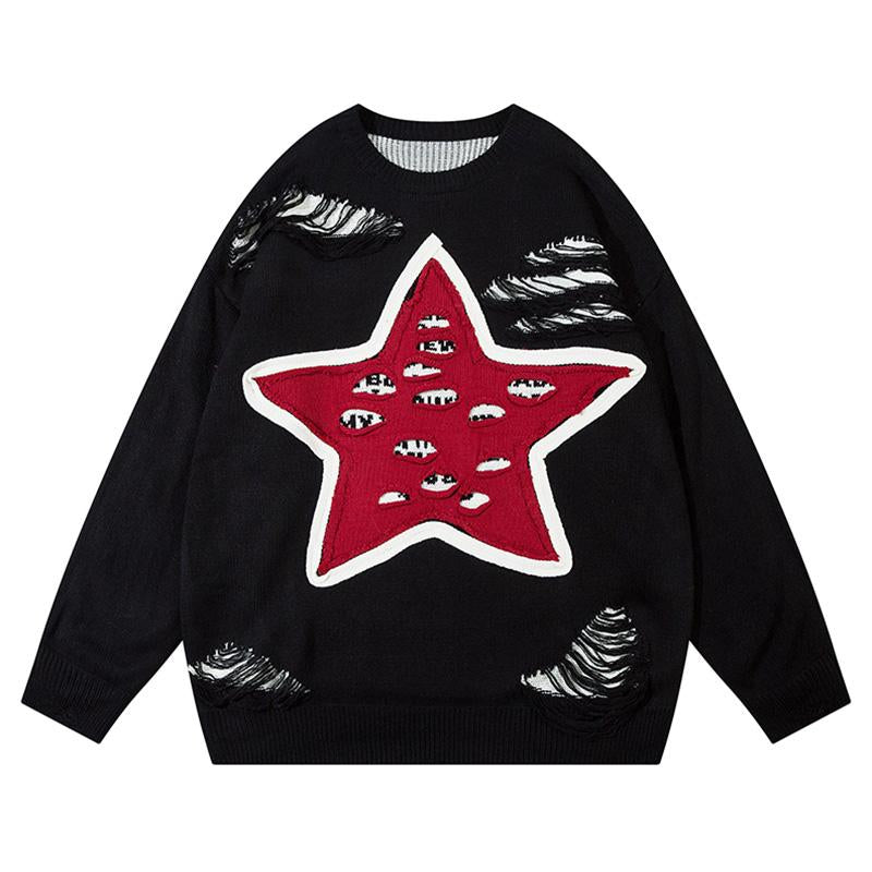 Ripped Star Sweater Autumn Loose Knitted Jumper Winter Fashion Streetwear Trendy Pullover Warm Casual