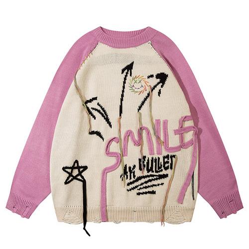Star Pattern Sweater Autumn Crew Neck Color Contrast Baggy High Street Casual Fashion Streetwear Warm Basic Pullover