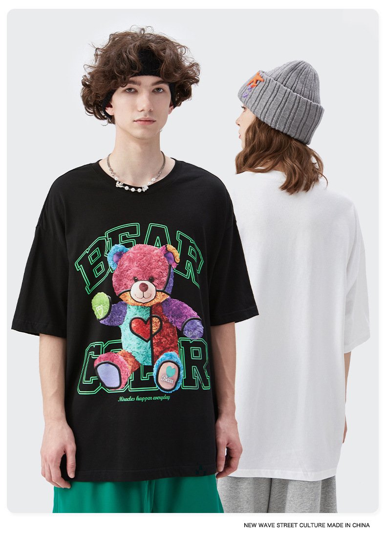 Live Supply 2022 Summer New Rainbow Plush Bear Loose Short-sleeved T-shirt Men's Couple Dress