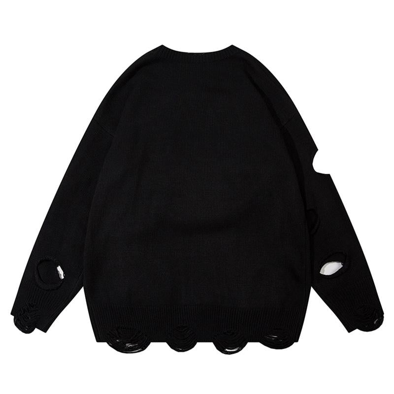 Letter Ripped Hole Sweater Solid Color Autumn Fashion Streetwear Pullover Winter Casual Long Sleeve Loose