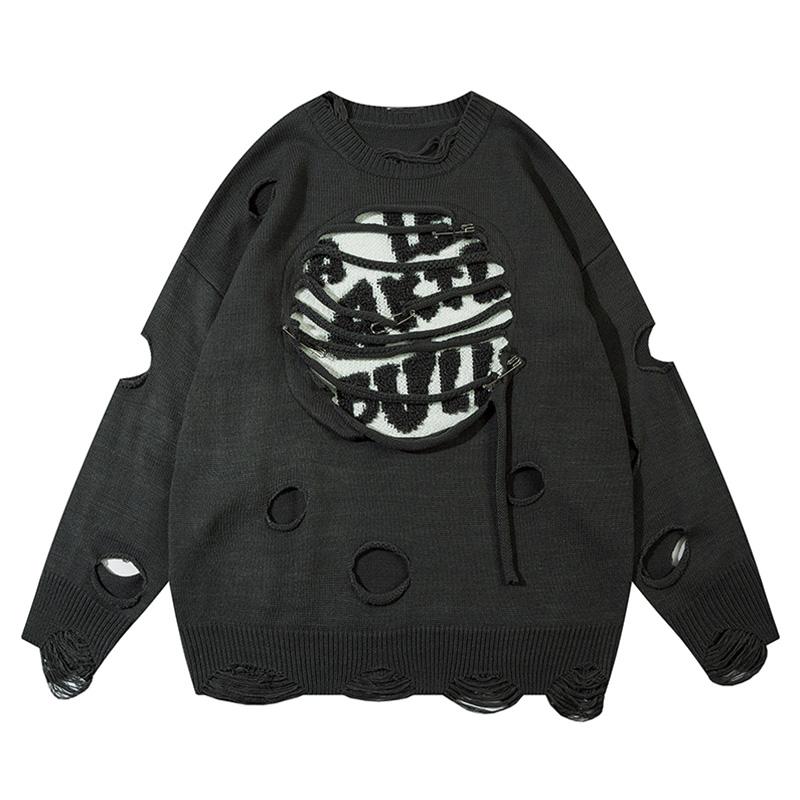Letter Ripped Hole Sweater Solid Color Autumn Fashion Streetwear Pullover Winter Casual Long Sleeve Loose