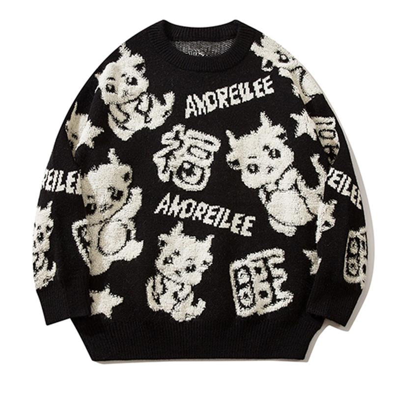 Cartoon Dragon Round Neck Sweater Tops Autumn Loose Pullover Fashion Winter High Quality Casual