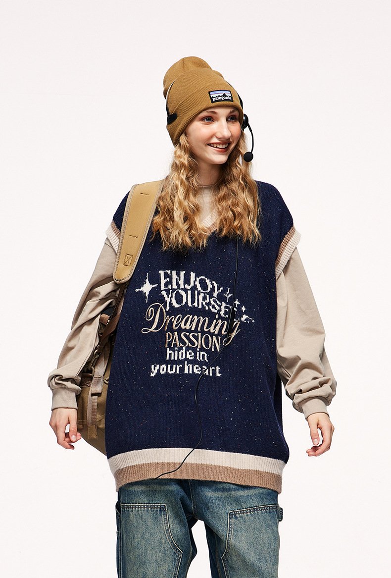 2023 Autumn And Winter New Retro Trendy Brand Color Yarn Sweater Pullover Loose Vest Sweater Knitted Sweater
